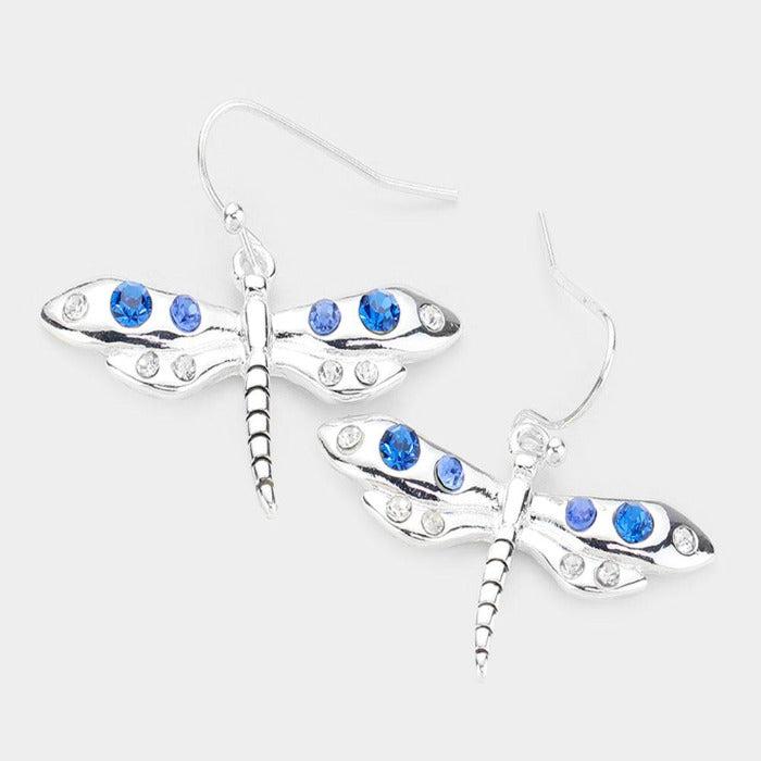 Dragonfly Blue Rhinestone Earrings-Earring-SPARKLE ARMAND