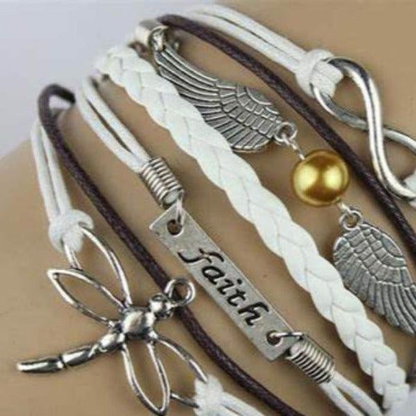 Dragonfly, Faith, Wings, Infinity, White, Silver Friendship Bracelet