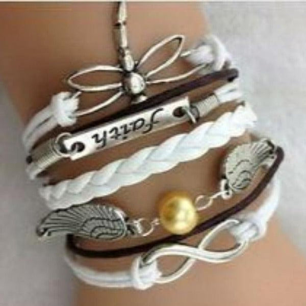 Dragonfly, Faith, Wings, Infinity, White, Silver Friendship Bracelet