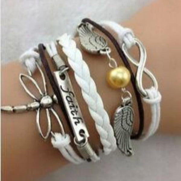 Dragonfly, Faith, Wings, Infinity, White, Silver Friendship Bracelet