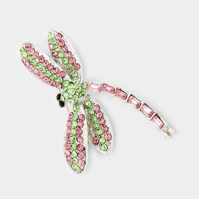 Dragonfly Pink & Green Crystal Pave Pin Brooch