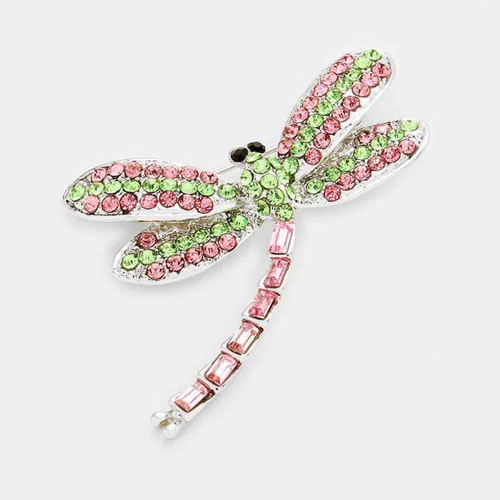 Dragonfly Pink & Green Crystal Pave Pin Brooch