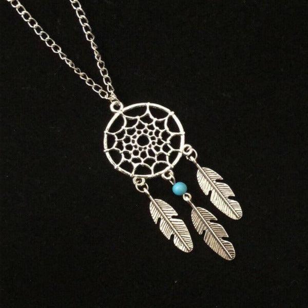 Dream Catcher Faux Turquoise Bead Feather Silver Necklace-SPARKLE ARMAND