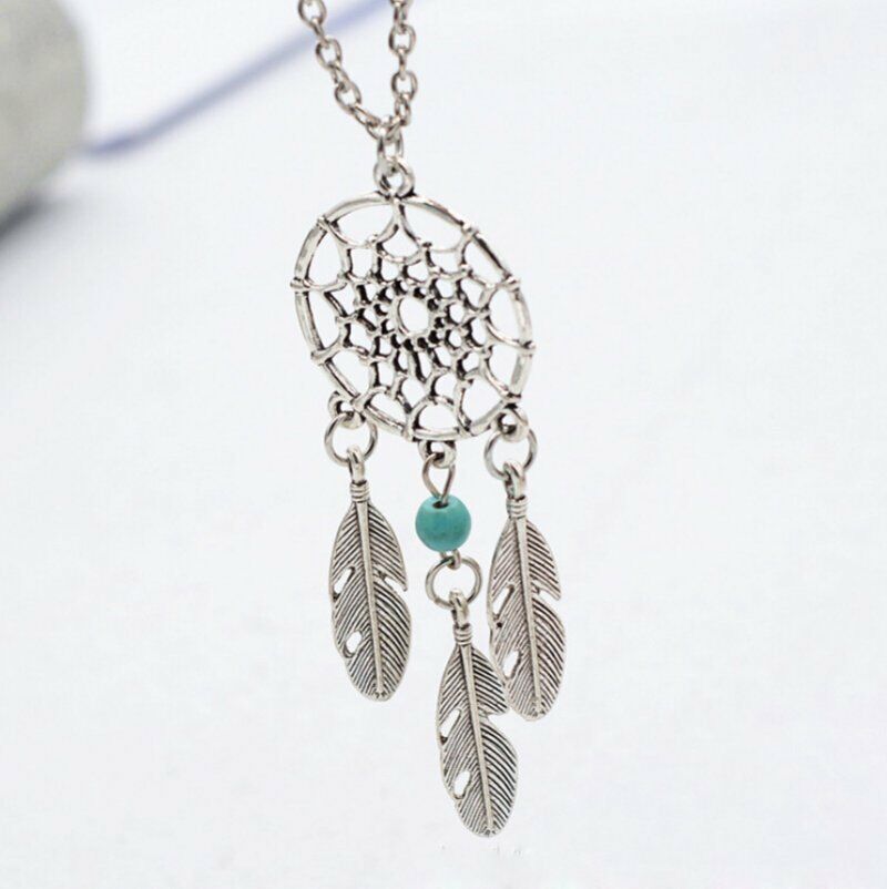 Dream Catcher Faux Turquoise Bead Feather Silver Necklace-SPARKLE ARMAND
