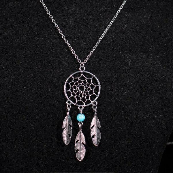 Dream Catcher Faux Turquoise Bead Feather Silver Necklace-SPARKLE ARMAND