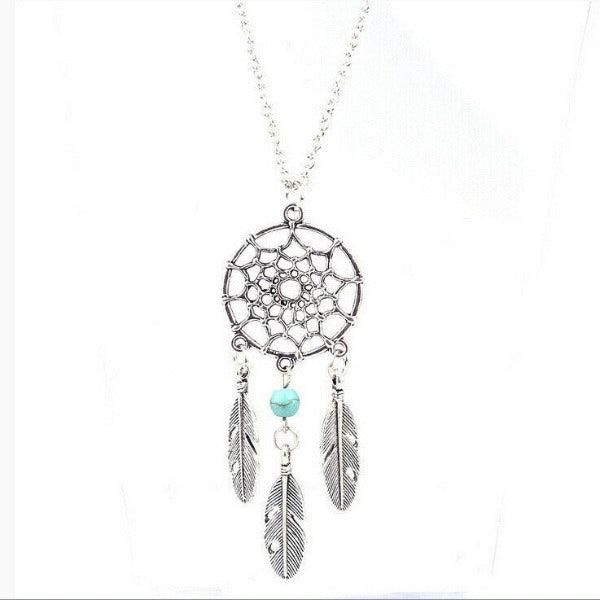 Dream Catcher Faux Turquoise Bead Feather Silver Necklace-SPARKLE ARMAND