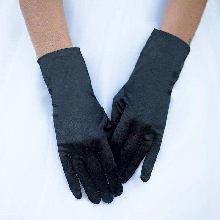 Dressy Black Satin Wedding Gloves-Gloves-SPARKLE ARMAND