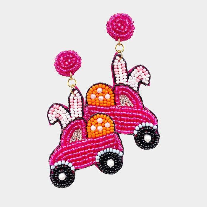 Easter Bunny Car Fuchsia Seed Beaded Dangle Earrings