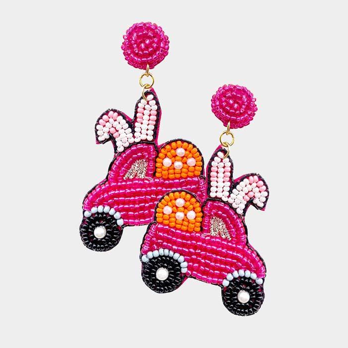 Easter Bunny Car Fuchsia Seed Beaded Dangle Earrings