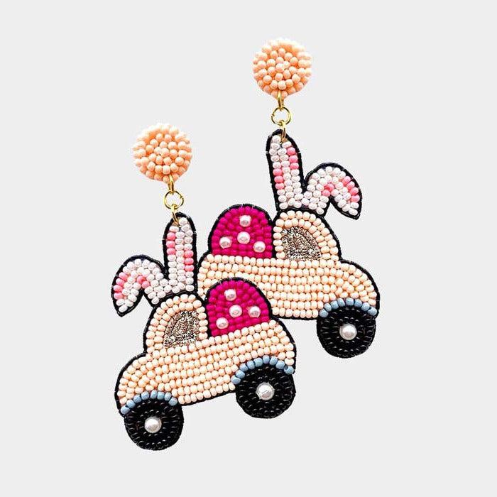 Easter Bunny Car Pink Seed Beaded Dangle Earrings