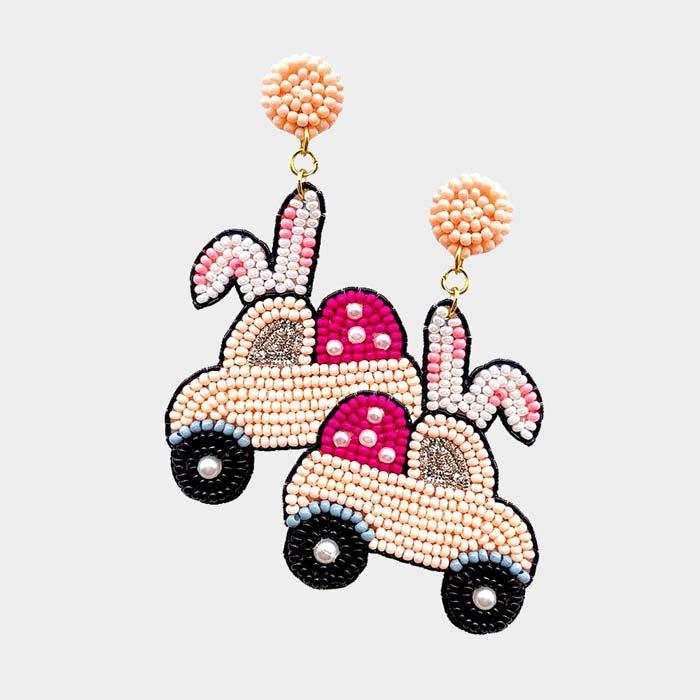 Easter Bunny Car Pink Seed Beaded Dangle Earrings
