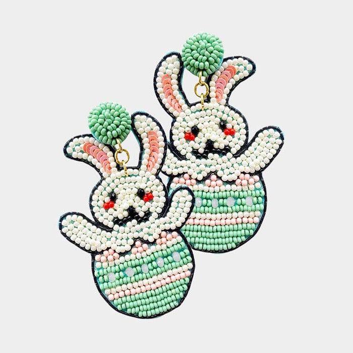 Easter Bunny Egg Mint Green Seed Beaded Dangle Earrings