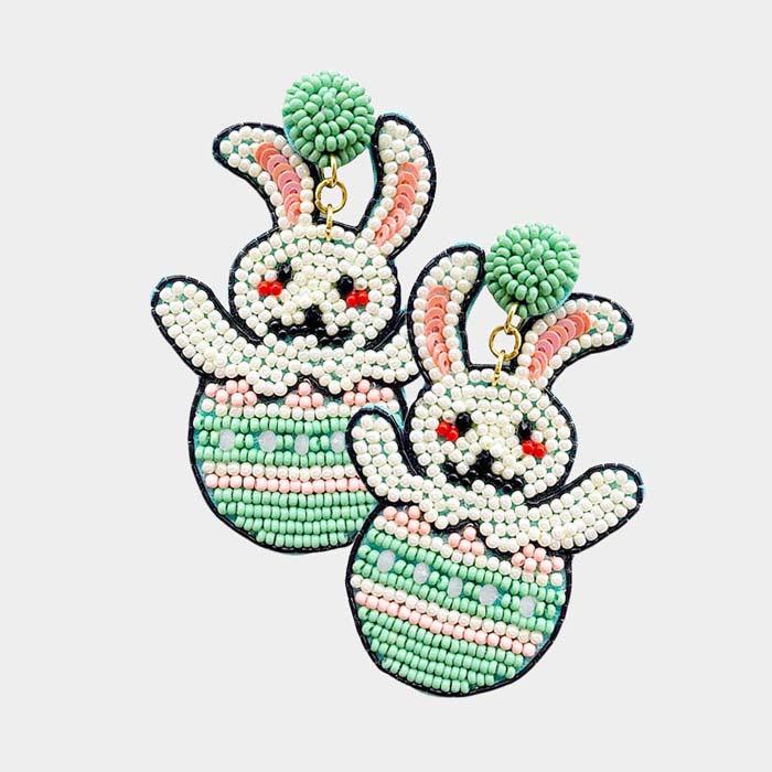 Easter Bunny Egg Mint Green Seed Beaded Dangle Earrings