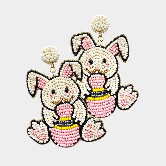 Easter Bunny Egg Pink Seed Beaded Dangle Earrings 