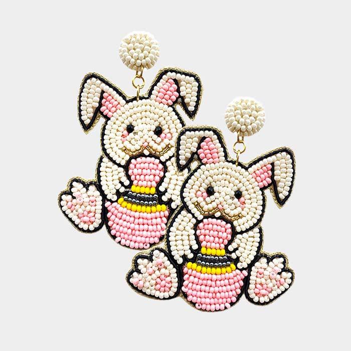 Easter Bunny Egg Pink Seed Beaded Dangle Earrings 