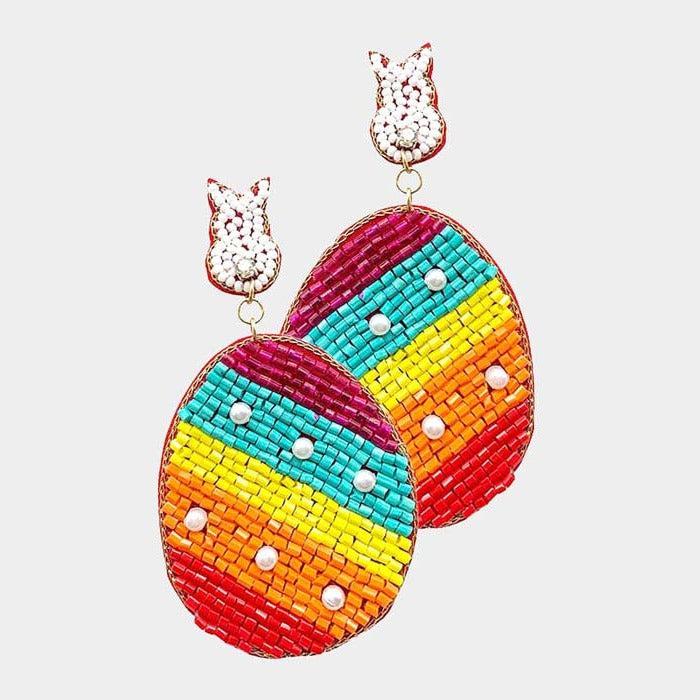 Easter Bunny Egg Seed Beaded Dangle Earrings