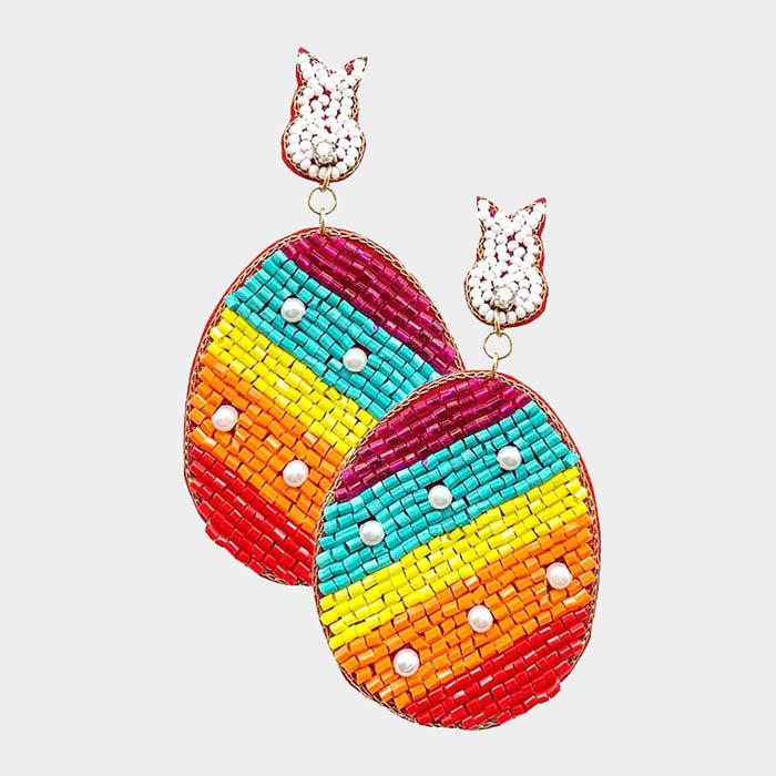 Easter Bunny Egg Seed Beaded Dangle Earrings