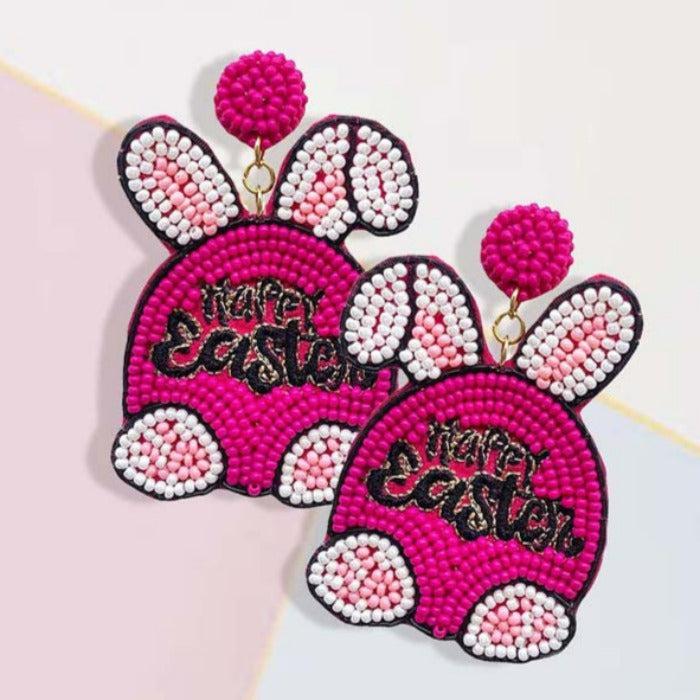 Easter Bunny Fuchsia Seed Beaded Dangle Earrings