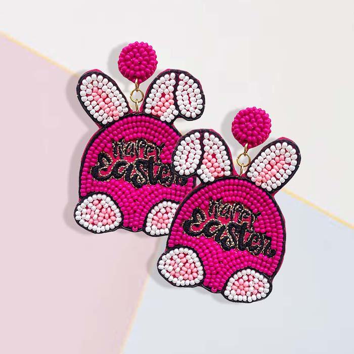 Easter Bunny Fuchsia Seed Beaded Dangle Earrings