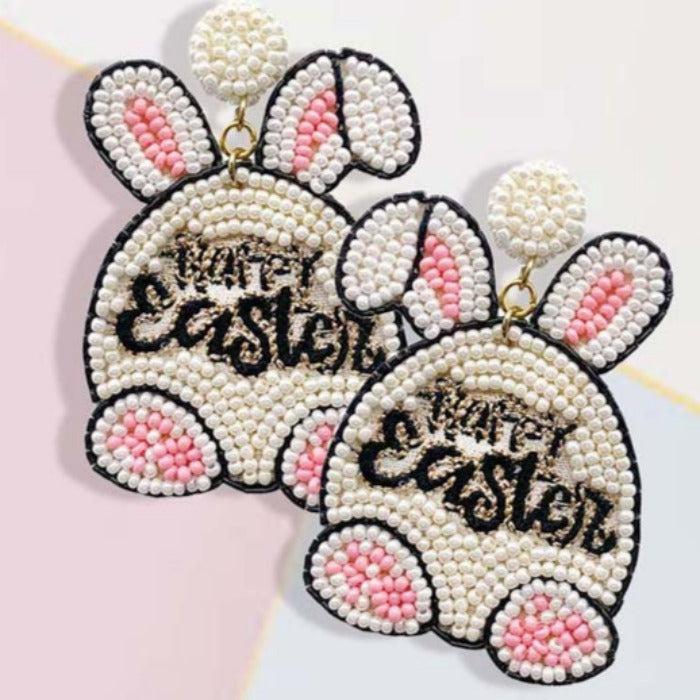 Easter Bunny Ivory Seed Beaded Dangle Earrings