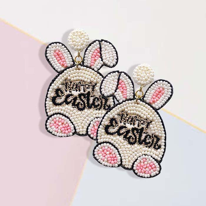 Easter Bunny Ivory Seed Beaded Dangle Earrings