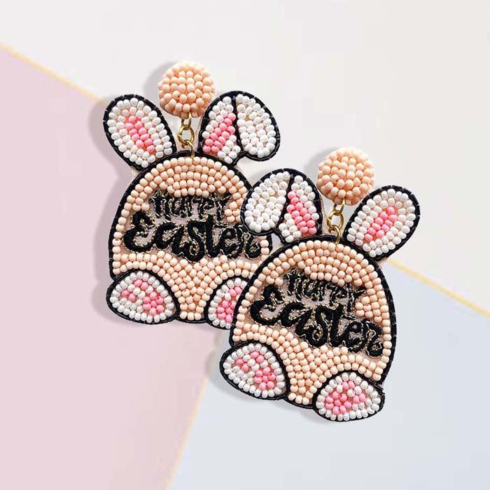 Easter Bunny Pink Seed Beaded Dangle Earrings