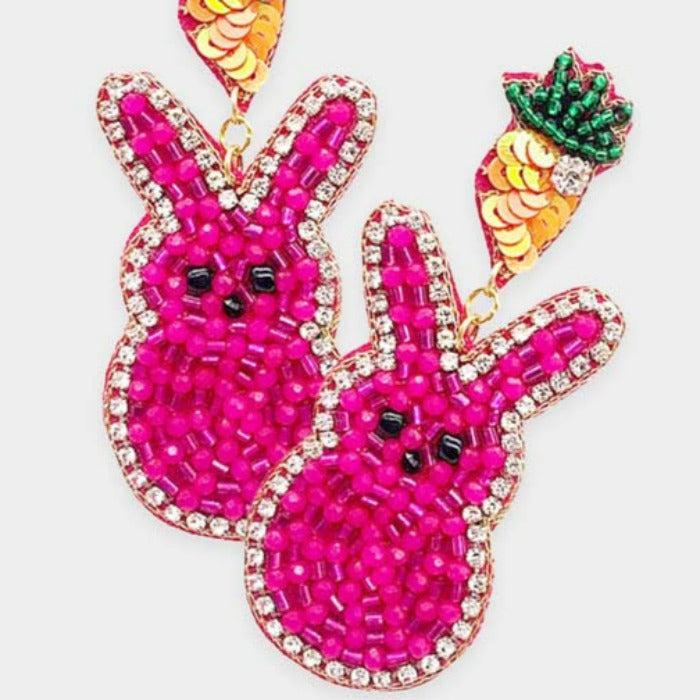 Sequin Beaded Carrot Easter Bunny Dangle Earrings 