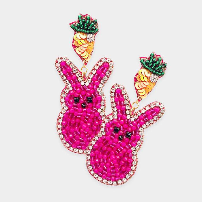 Sequin Beaded Carrot Easter Bunny Dangle Earrings 