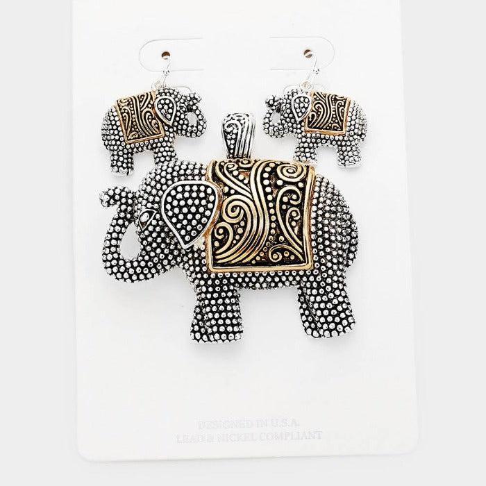 Elephant Embossed Metal Pendant Set-Pendant-SPARKLE ARMAND