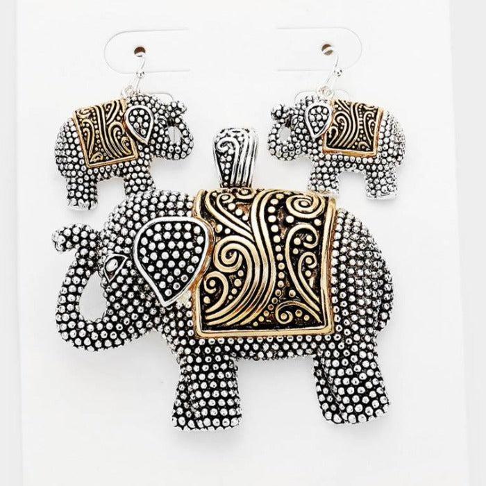Elephant Embossed Metal Pendant Set-Pendant-SPARKLE ARMAND