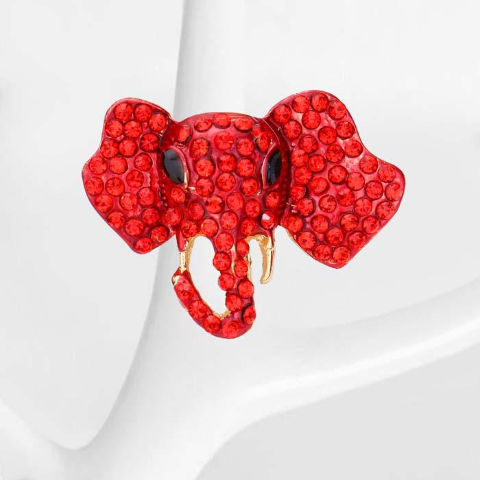 Elephant Red Rhinestone Gold Stretch Ring