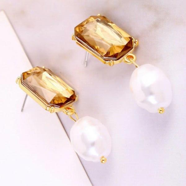 Emerald Cut Topaz Colored Faux Pearl Earrings