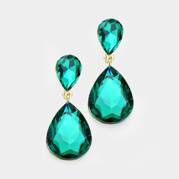 Emerald Green Crystal Double Teardrop Dangle Earrings
