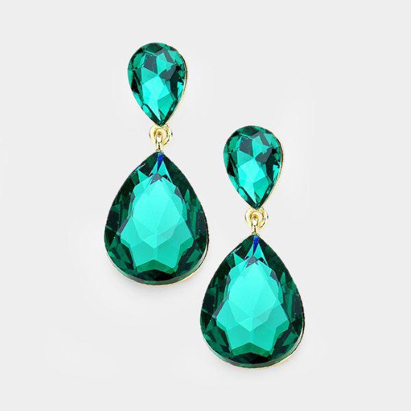 Emerald Green Crystal Double Teardrop Dangle Earrings