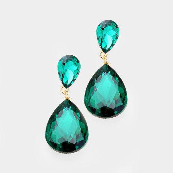 Emerald Green Crystal Double Teardrop Earrings