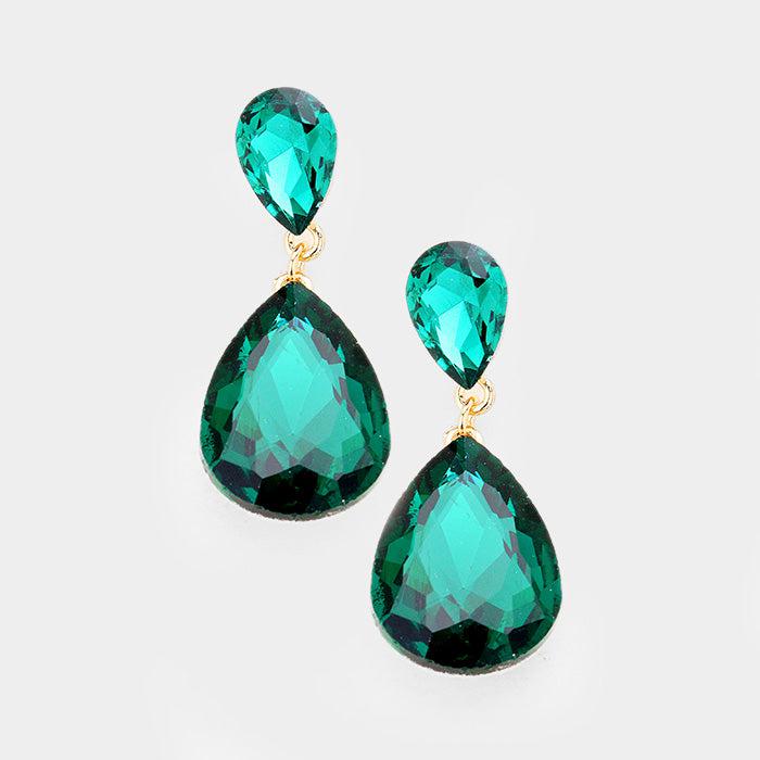 Emerald Green Crystal Double Teardrop Earrings