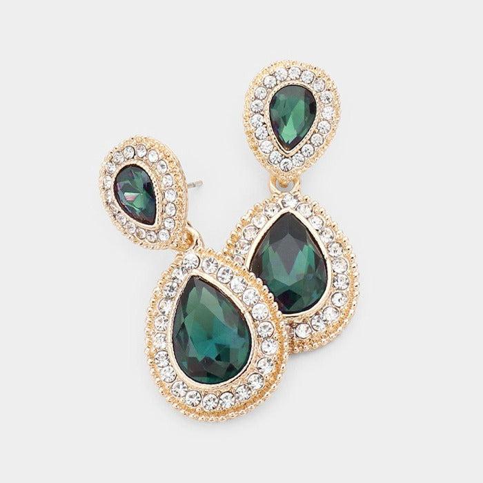 Emerald Green Crystal Pave Gold Evening Earrings