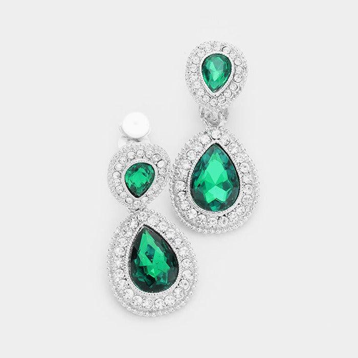 Emerald Green Crystal Pave Trim Teardrop Clip on Earrings by Sparkle Armand Jewelry