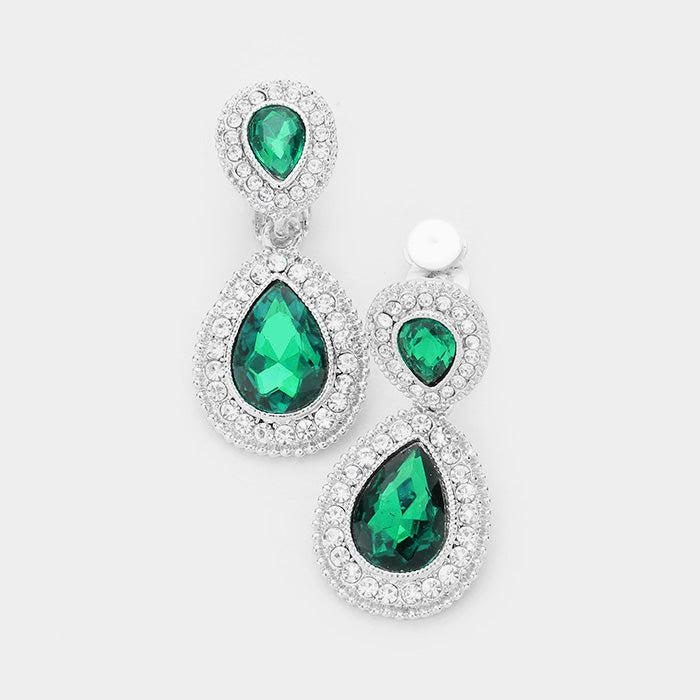 Emerald Green Crystal Pave Trim Teardrop Clip on Earrings by Sparkle Armand Jewelry