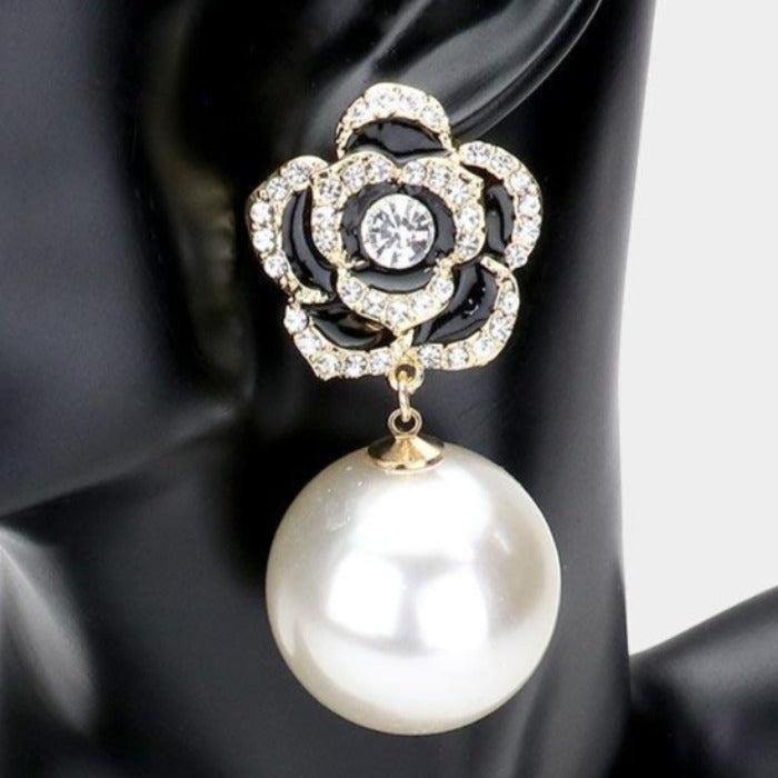 Enamel Black Camellia Flower Pearl Gold Earrings by LuLuLu LaLaLa