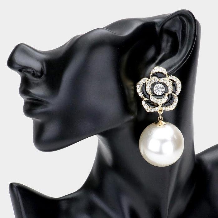 Enamel Black Camellia Flower Pearl Gold Earrings by LuLuLu LaLaLa