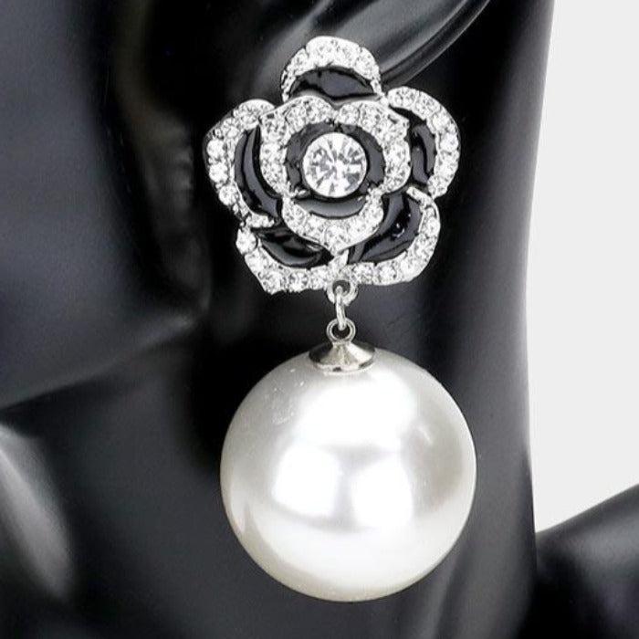 Enamel Black Camellia Flower Pearl Silver Earrings by Lu Lu La La