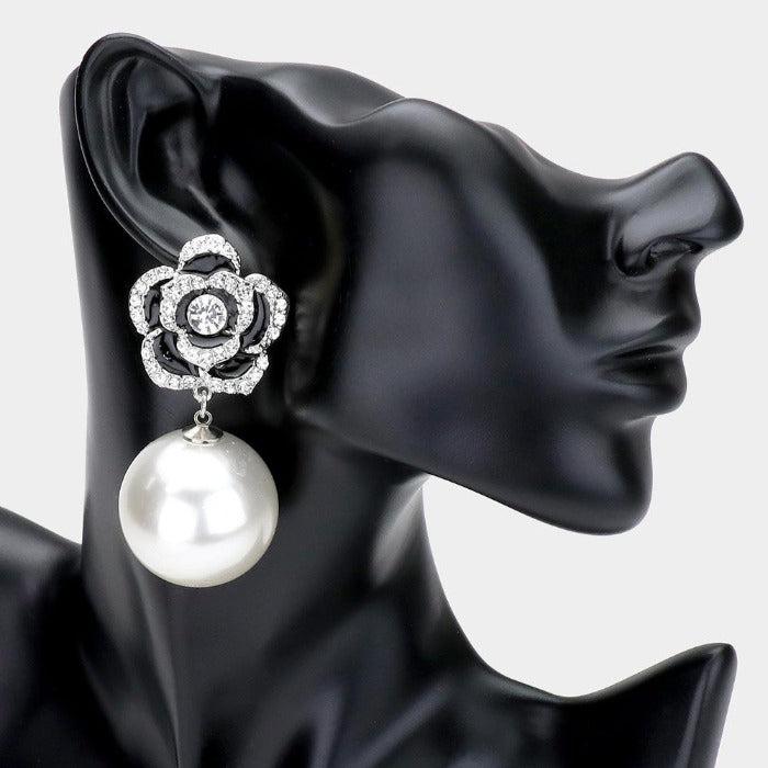 Enamel Black Camellia Flower Pearl Silver Earrings by Lu Lu La La