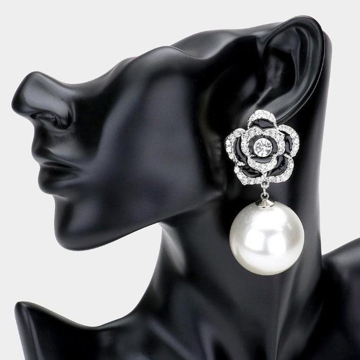 Enamel Black Camellia Flower Pearl Silver Earrings by Lu Lu La La