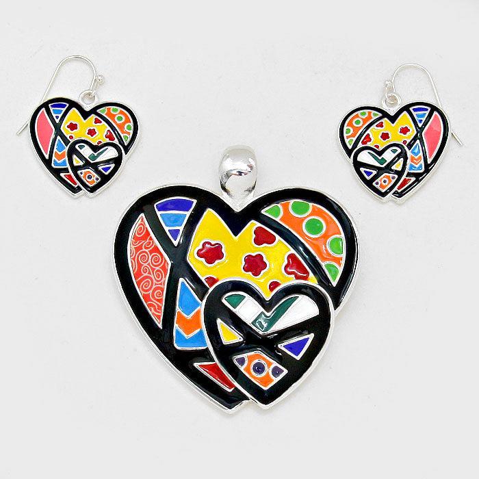 Enamel Color Block Heart Pendant Set