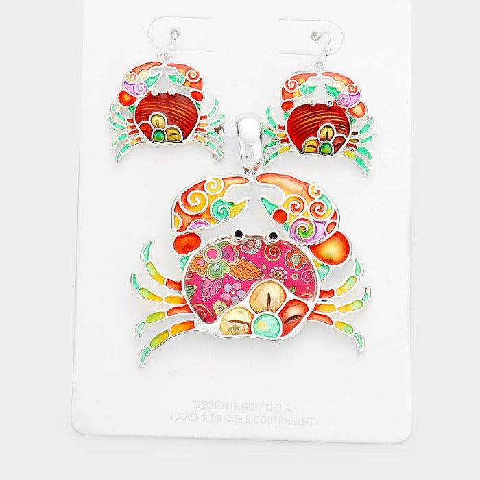 Enamel Floral Pattern Crab Pendant Earring Set