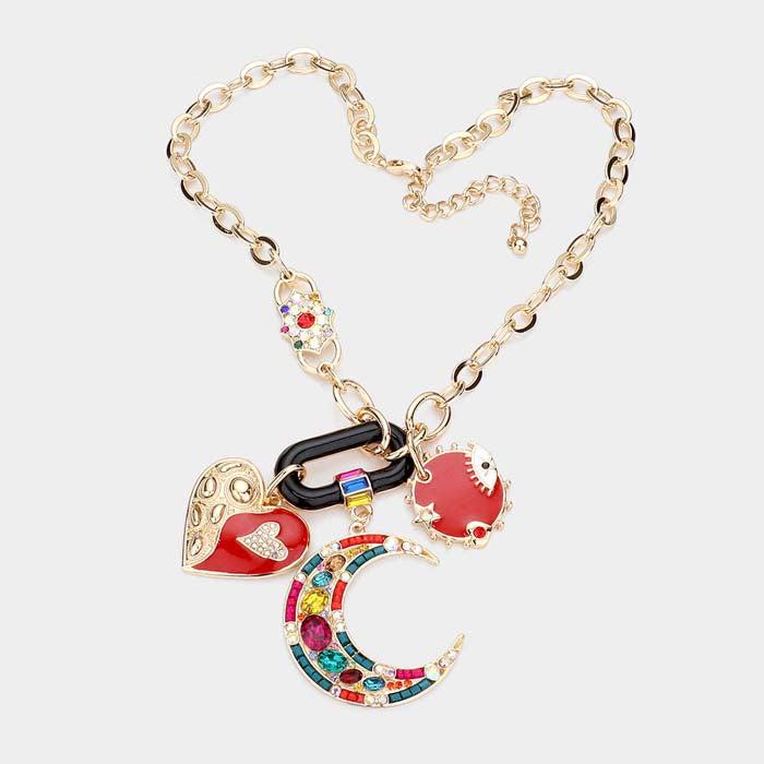 Sweet Gold Multi Charm Heart Necklace with Saturn Moon Star and Opal Charms by Pisces Island