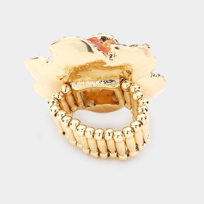 Enamel Rose Black Flower Gold Stretch Ring