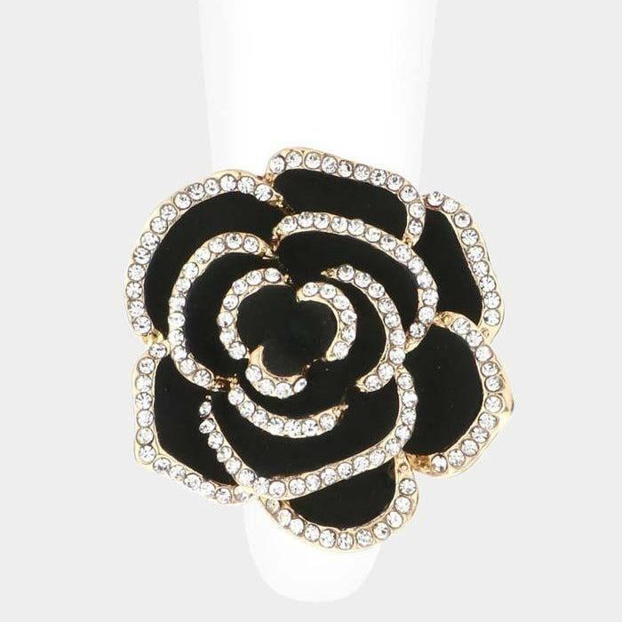 Enamel Rose Black Flower Gold Stretch Ring