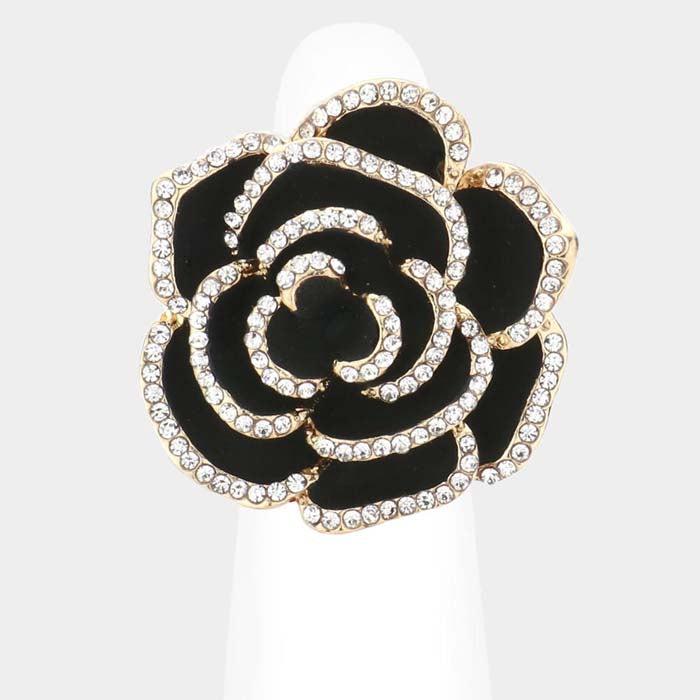 Enamel Rose Black Flower Gold Stretch Ring